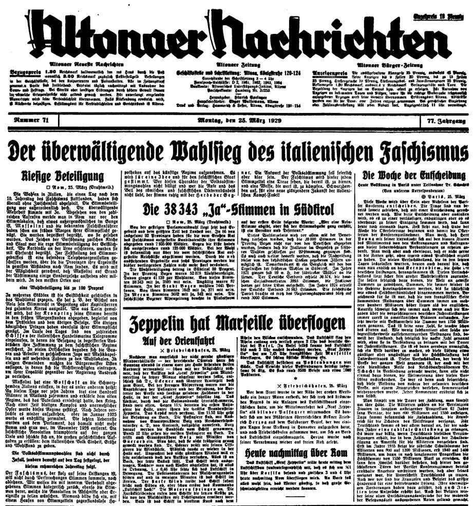 Altonaer Nachrichten vom 25. März 1929, Schlagzeile: Der überwältigende Wahlsieg des italienischen Faschismus