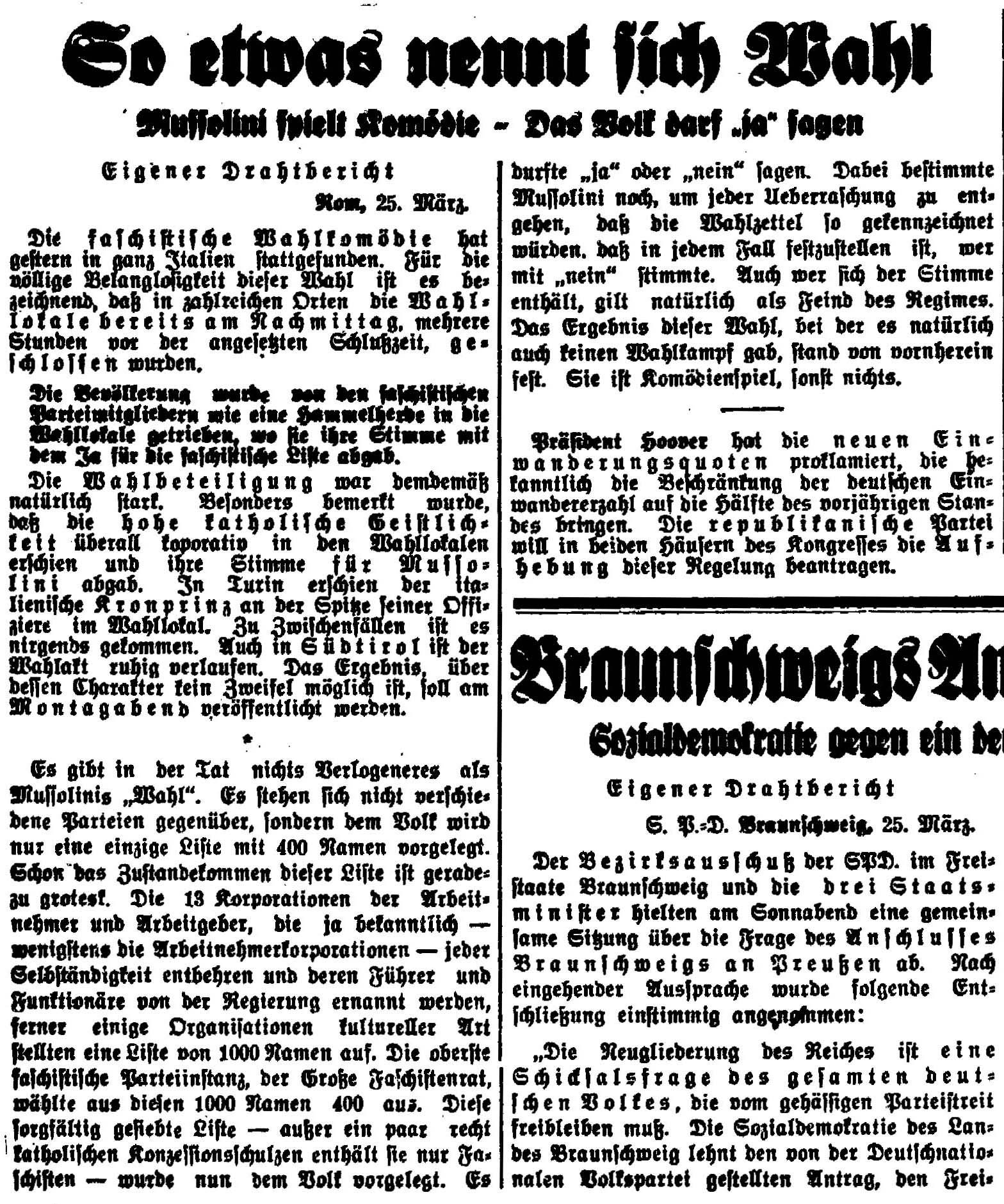 Volkszeitung vom 25. Mrz 1929, Schlagzeile: So etwas nennt sich Wahl