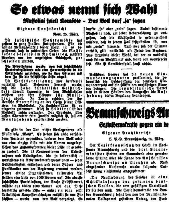 Volkszeitung vom 25. Mrz 1929: So etwas nennt sich Wahl