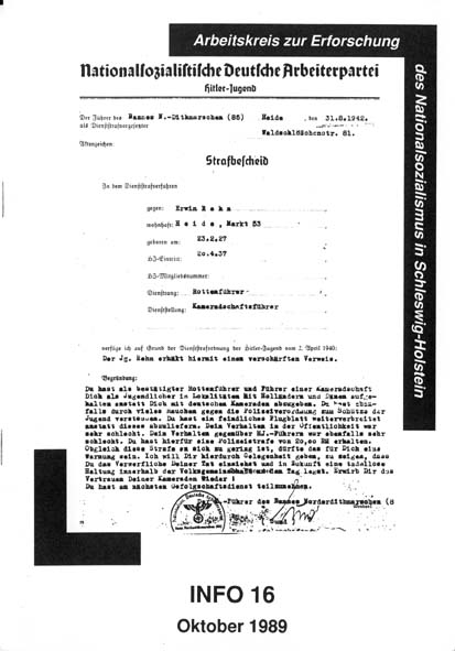 Info 16 Titelbild: Verweis eines HJ-Mitglieds, Dithmarschen 1942