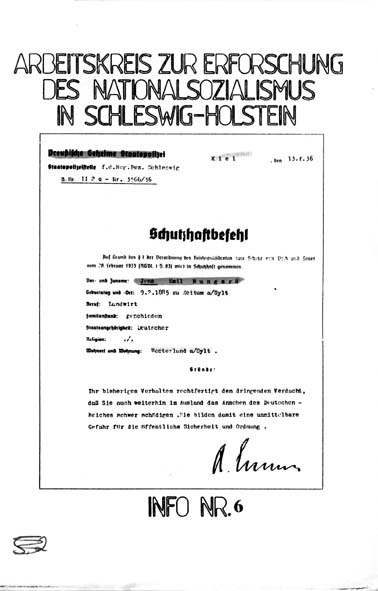 Info 6 Titelbild: Stapo, Schutzhaftbefehl 1936