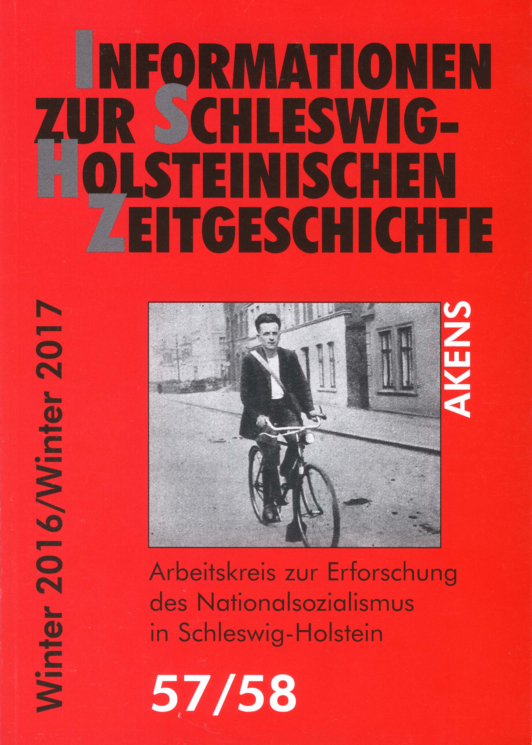 Titelbild der Zeitschrift: Ein Radfahrer fährt durch eine Straße. Adolf Bauer, Kommunist, Dithmarschen. Mordopfer der Nazis 1932.